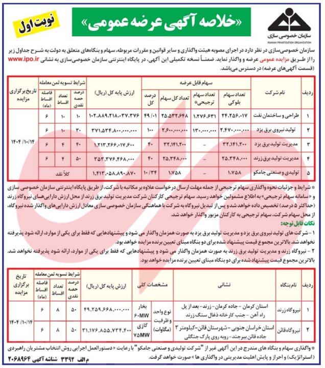 یک شرکت نفتی و چند نیروگاه دولتی از طریق مزایده به فروش میرسند